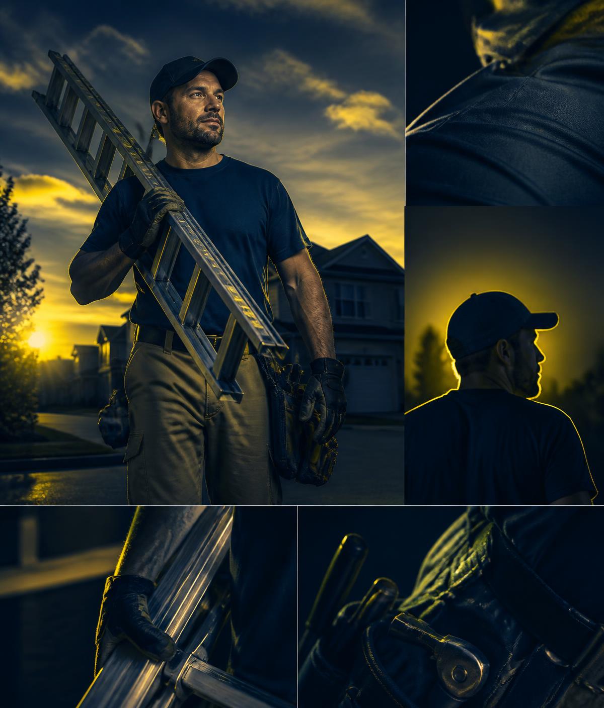 Local worker with a ladder ready for an odd job at golden hour